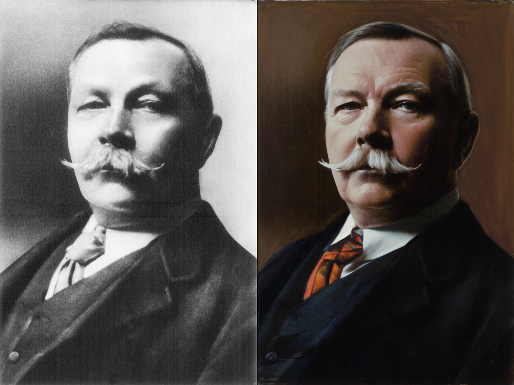 Colorized portrait of Sir Arthur Conan Doyle, using Stable Diffusion and ControlNet in AUTOMATIC1111, by Daniel Sandner