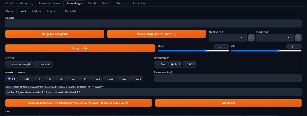 Lora merging in Supermerger AUTOMATIC1111 GUI Extension