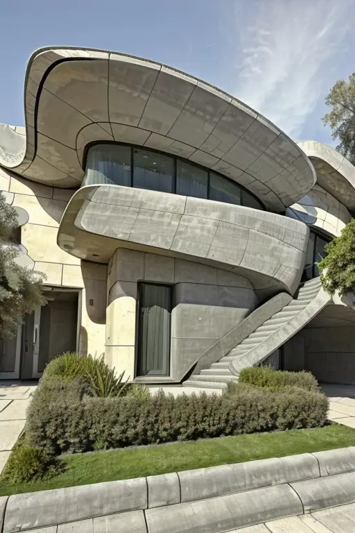 Concept architectural design augmented by AI, where the structure of a stone affects the form, by artist Daniel Sandner