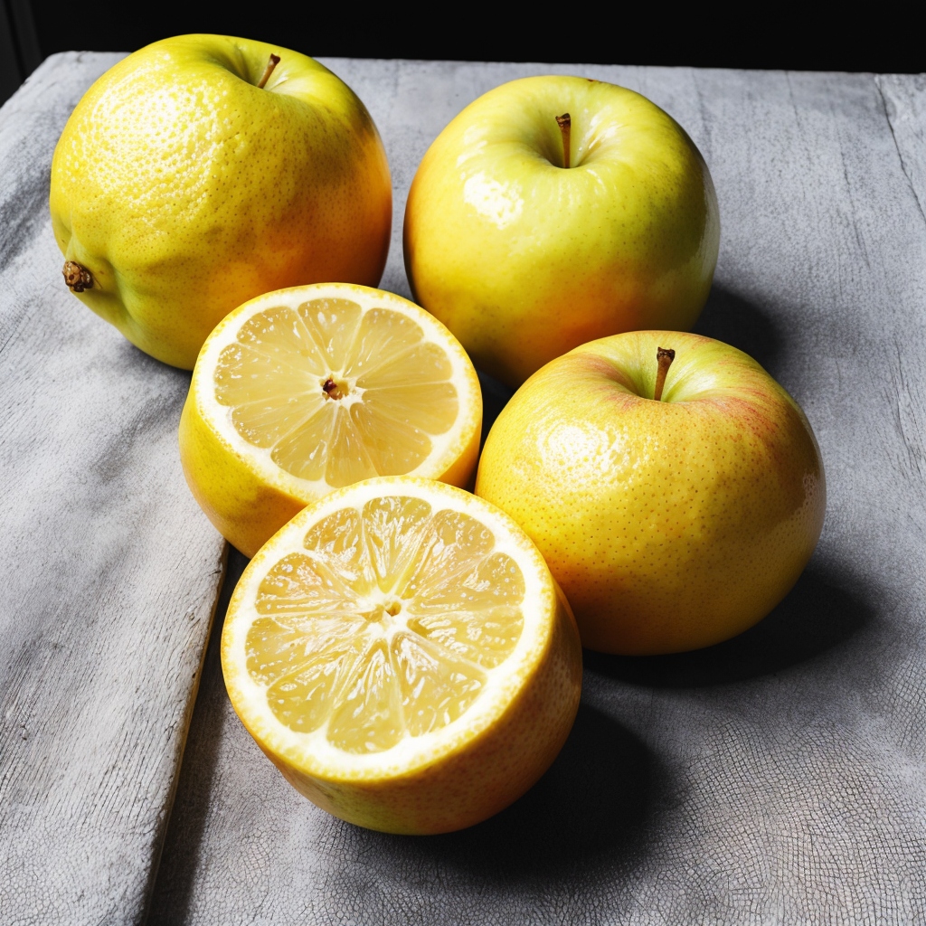 Apple Lemon fruit created in stable diffusion with prompt weigthing, synthetic photo by Daniel Sandner