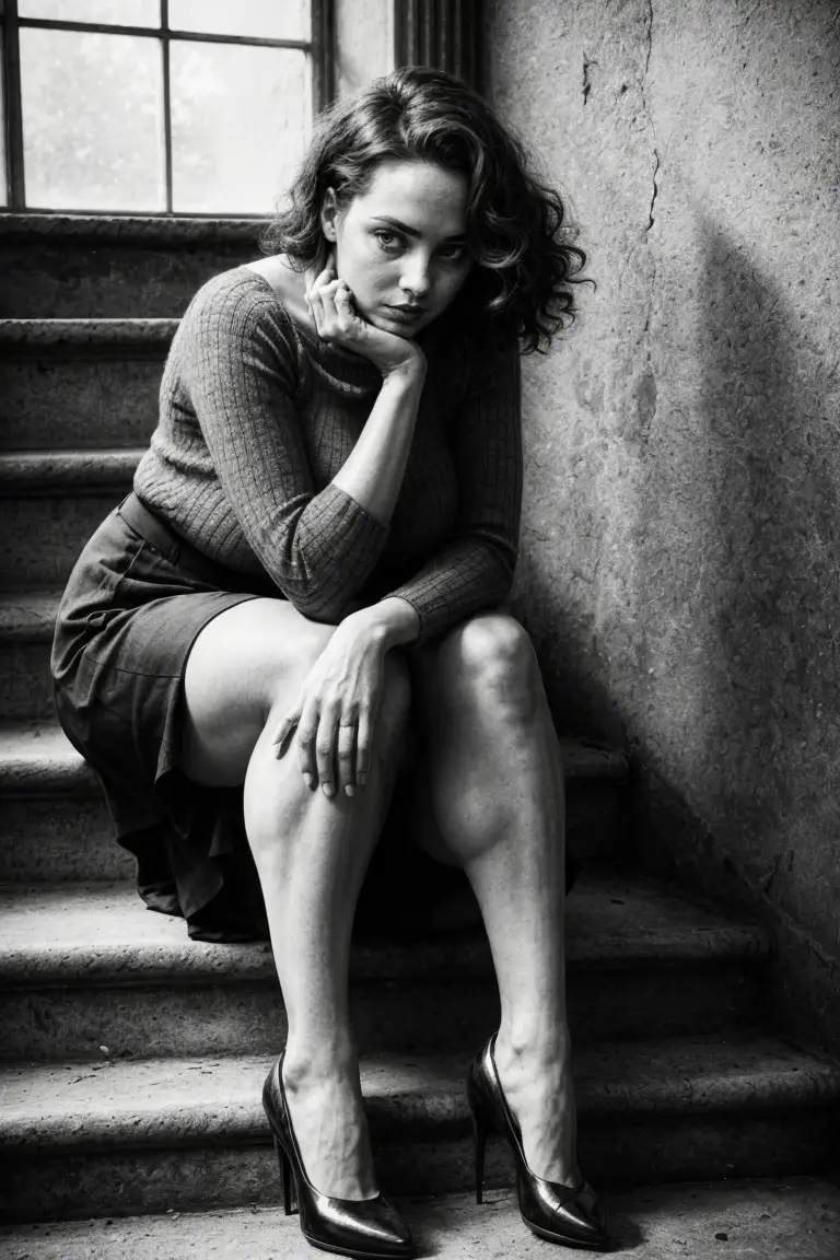 Woman sitting  on staircase, Photomatix synthetic photo art