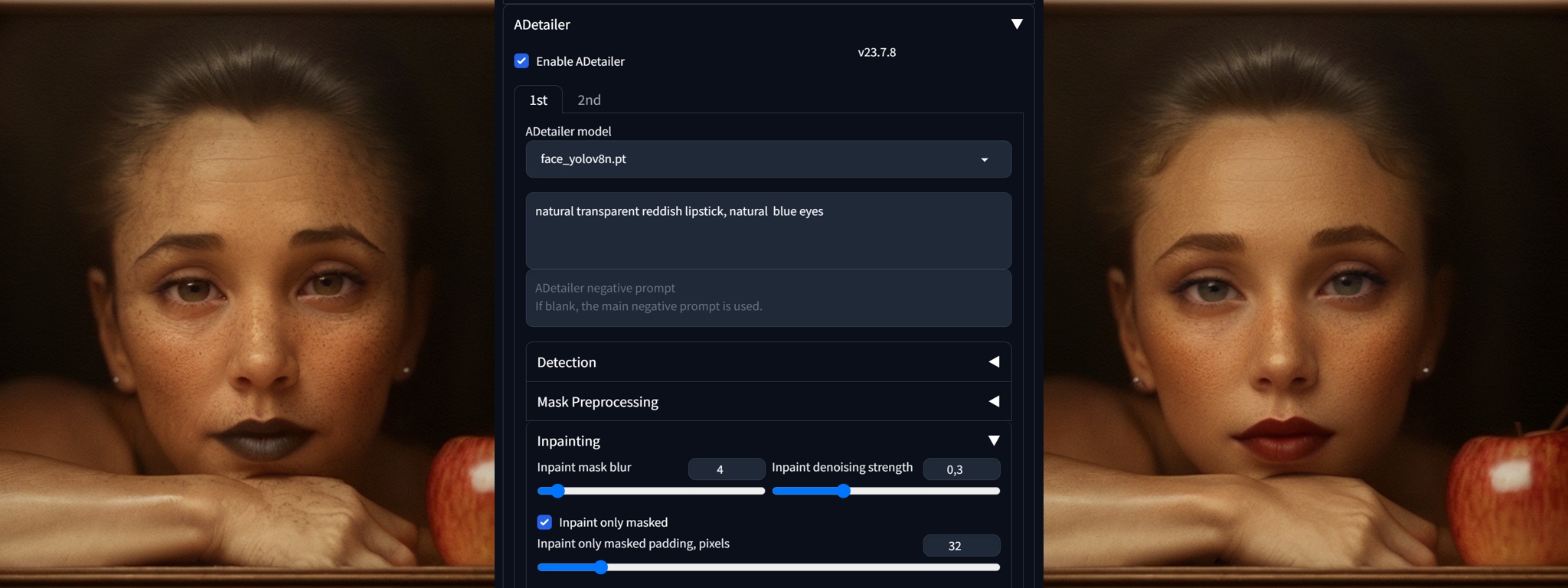 ADetailer (SD 1.5) adjusting image on a character portrait, beautiful woman and an apple