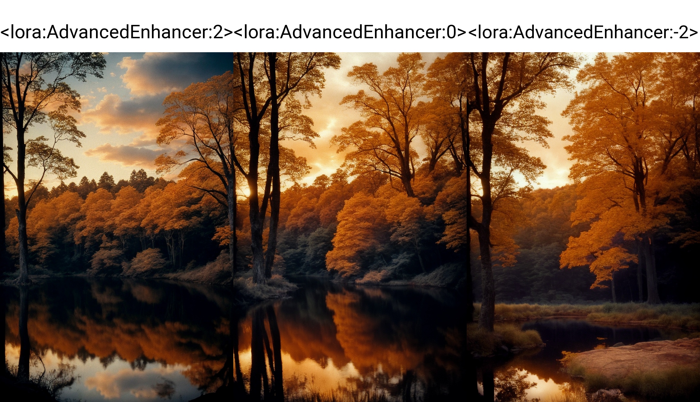 Advanced Enhancer LoRA, autumn landcape forest, pond, sunset golden hour, monumental old tree, ravine, cloudy blue sky