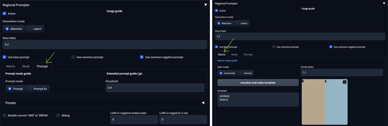 Prompt and Matrix modes of Regional Prompter