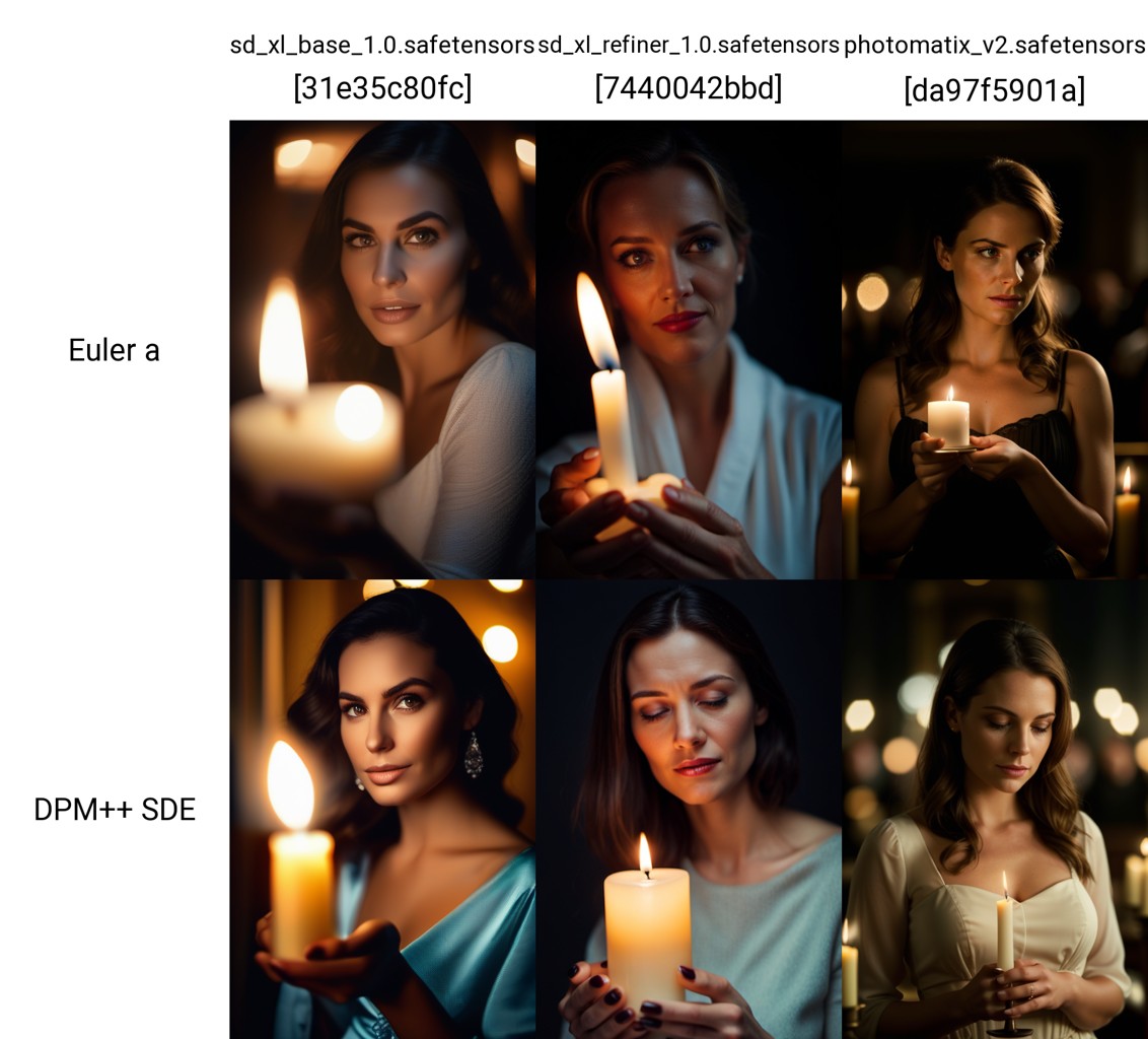 Synthetic SDXL photo comparisons, portrait of woman holding candle