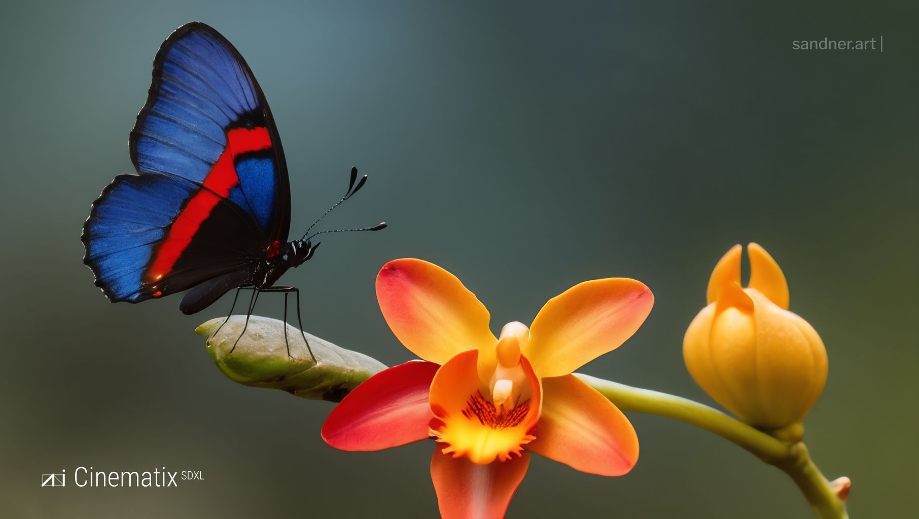 Cinematix SDXL free model for art and scientific creative experiments, synthetic photo of a butterfly on fantastic orchid, by Daniel Sandner