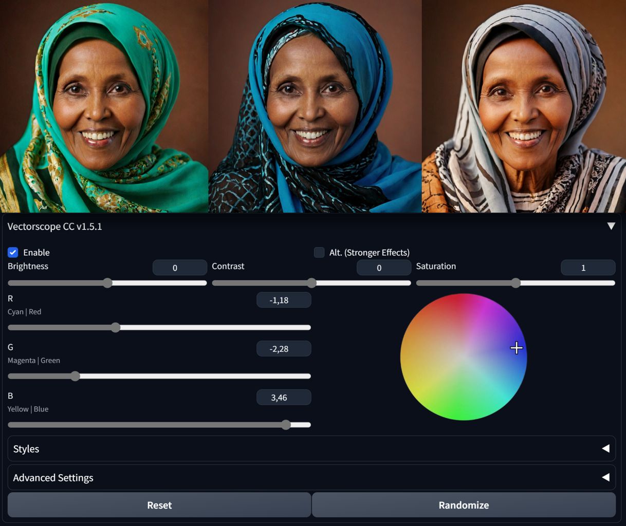 VectorscopeCC color adjusment in diffusion process with SDXL model