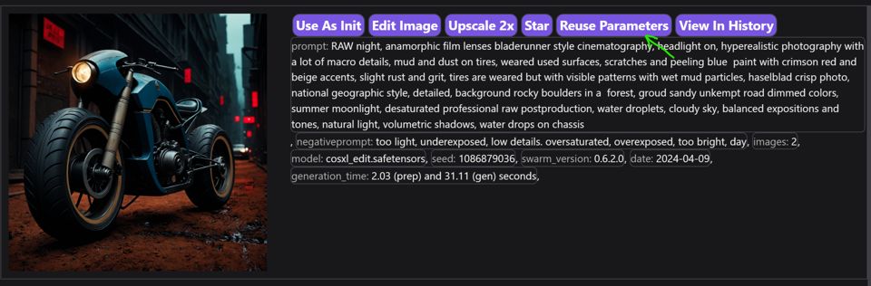 StableSwarmUI Reuse Parameters tab to load generation data from image to work with CosXL workflow