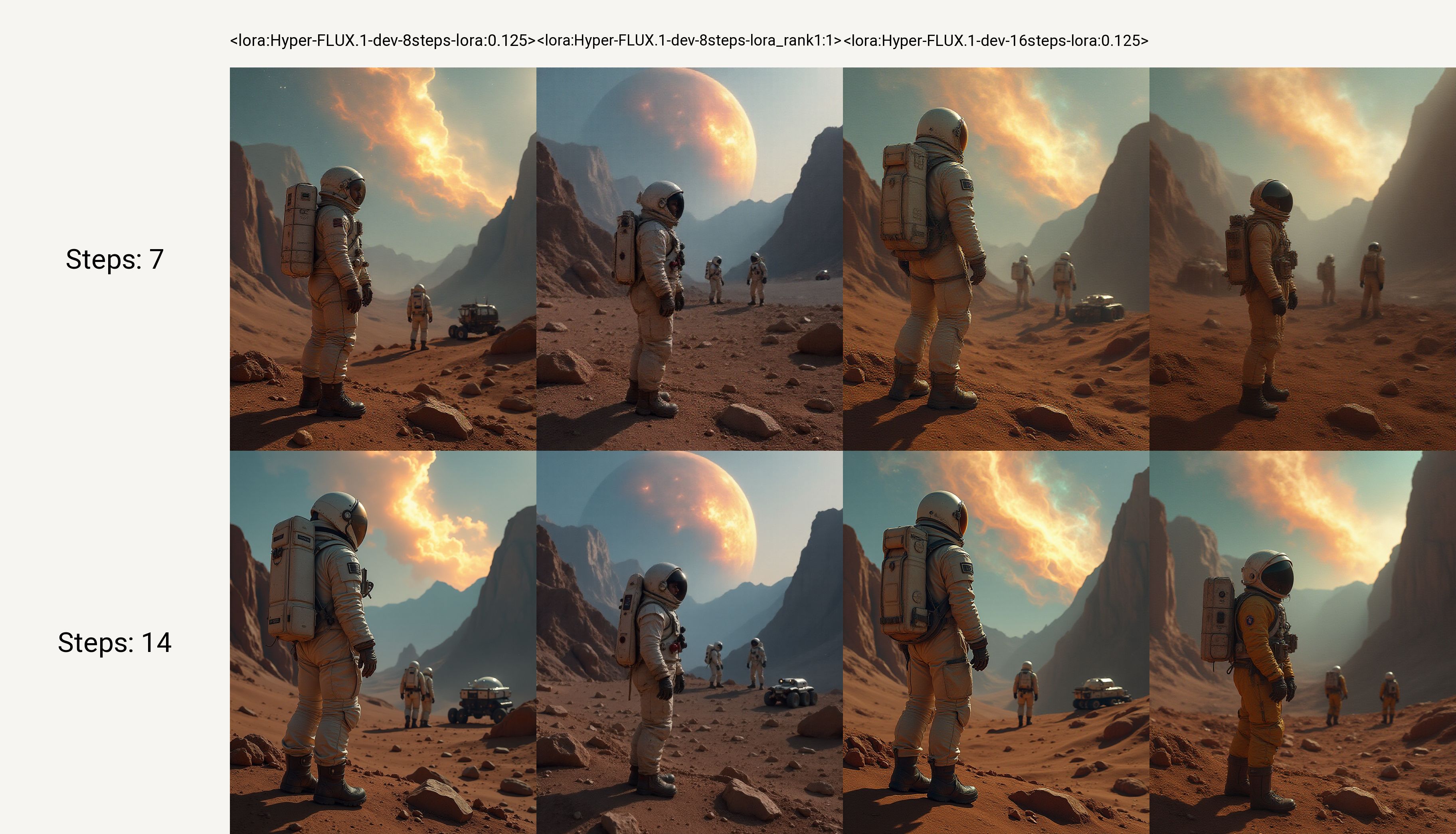 Hyper FLUX, FLUX.1 low step output comparison