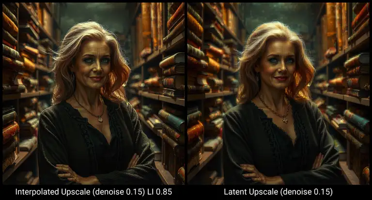 A comparison of latent upscales and denoising values: demonstration of Flux upscaling method in Comfy, portrait of a woman