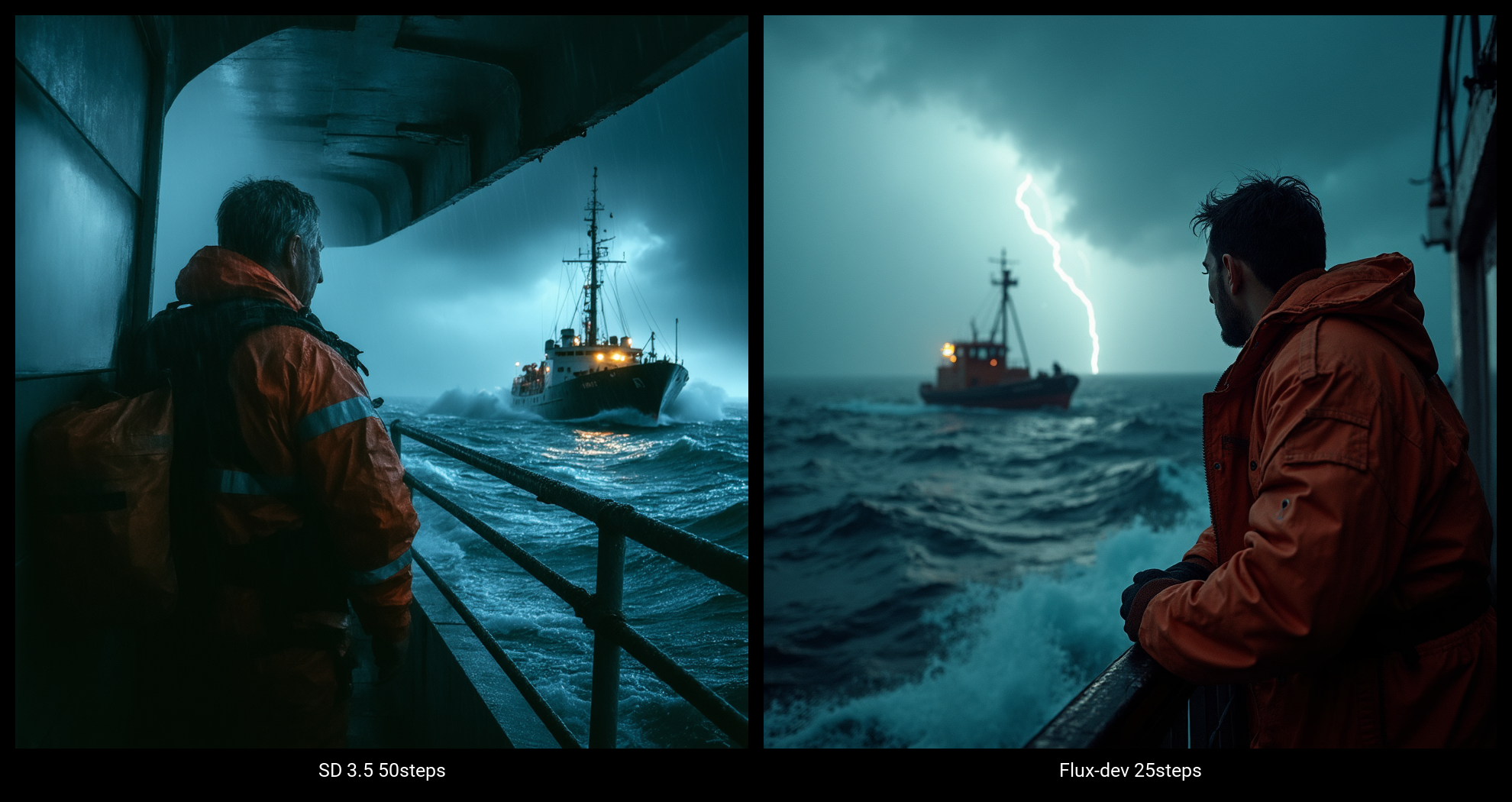 SD 3.5 Large and Flux-dev output comparison to low step version, marine draamtic scene