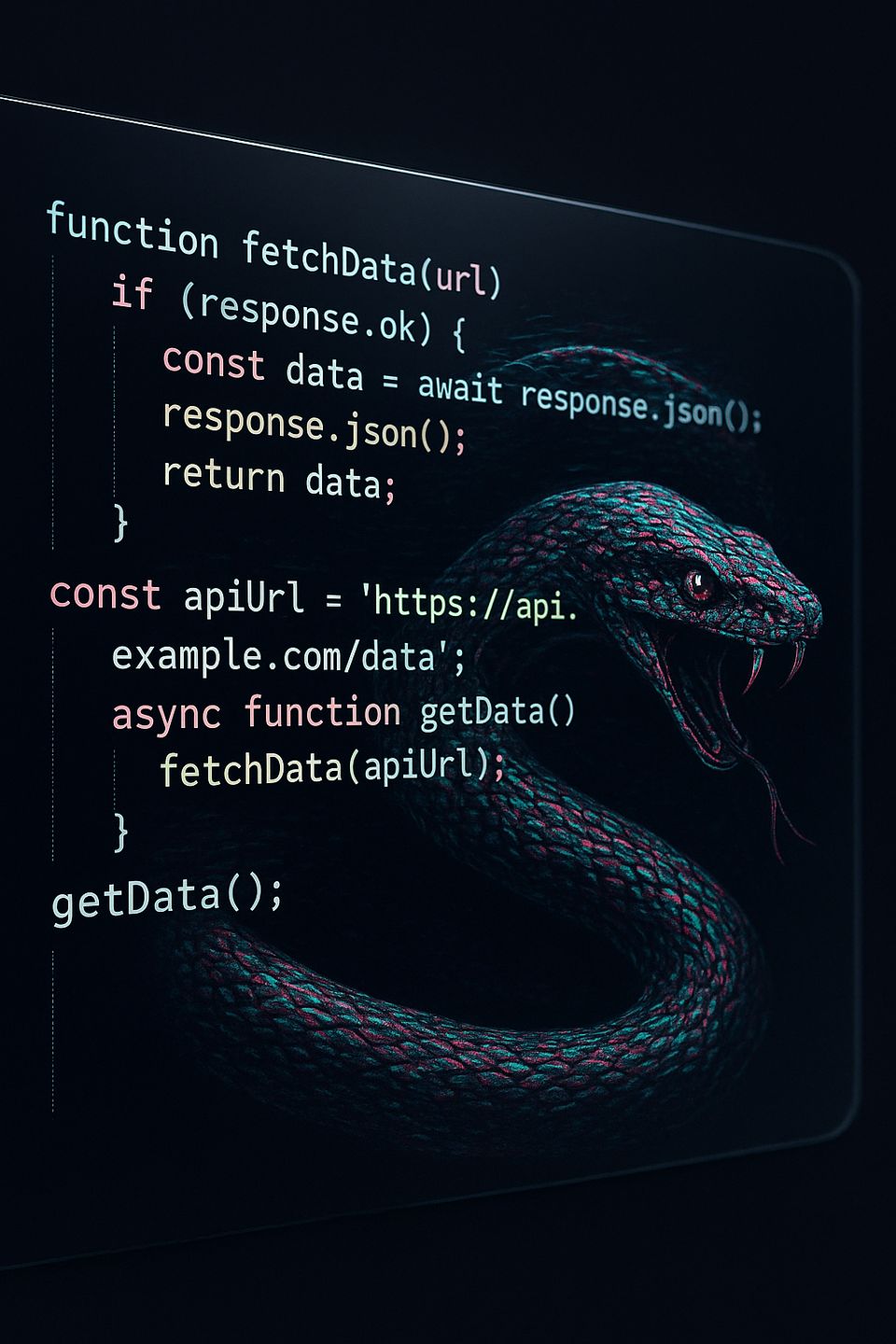 Illustration of a coding and snake or python is lurking from a function